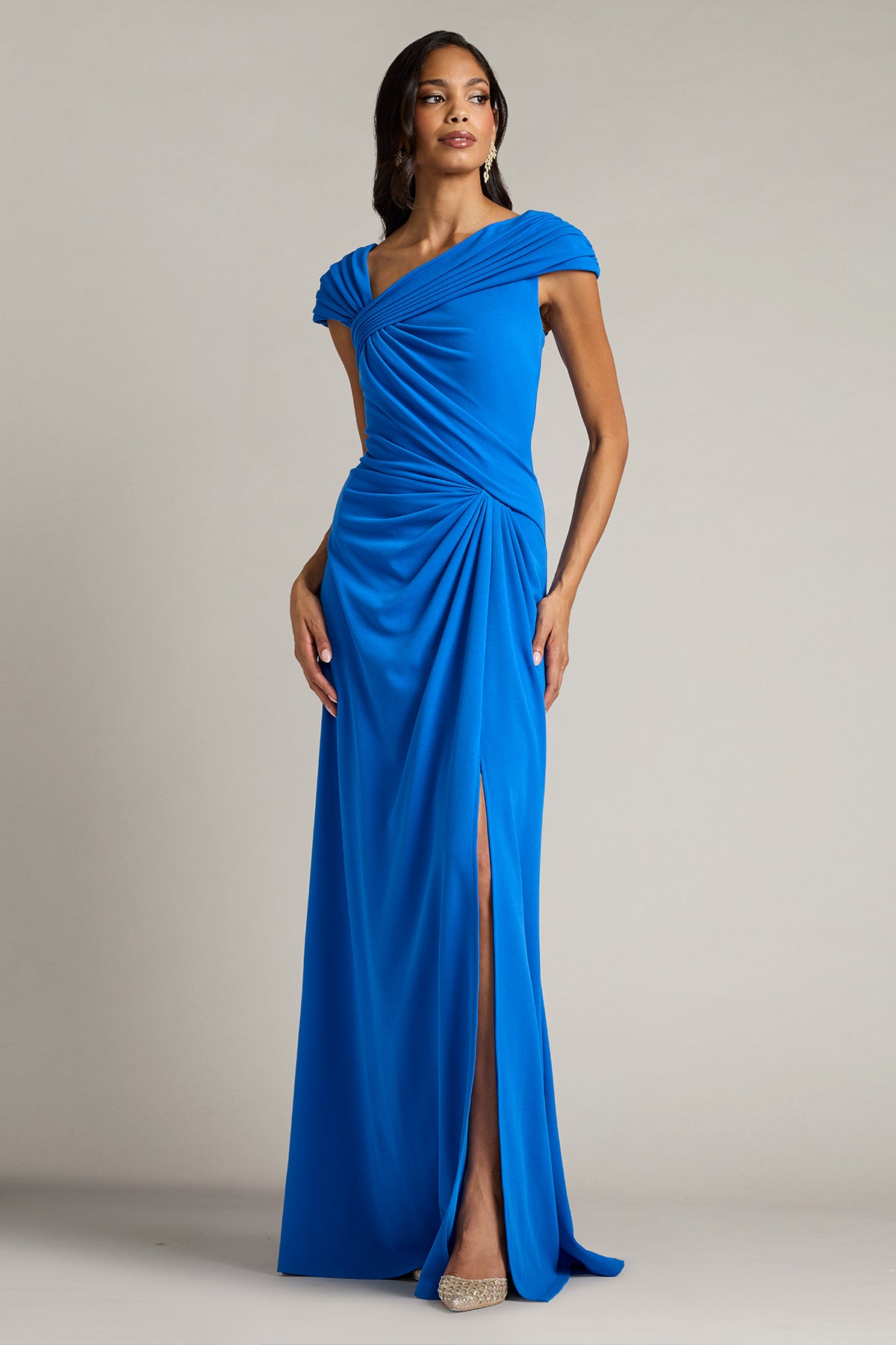 Mireya Draped Cap Sleeve Gown – Tadashi Shoji Official Online Boutique