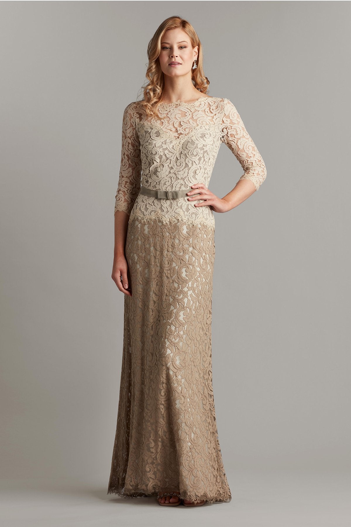 Amberly Belted Lace ¾ Sleeve Gown – Tadashi Shoji Official Online