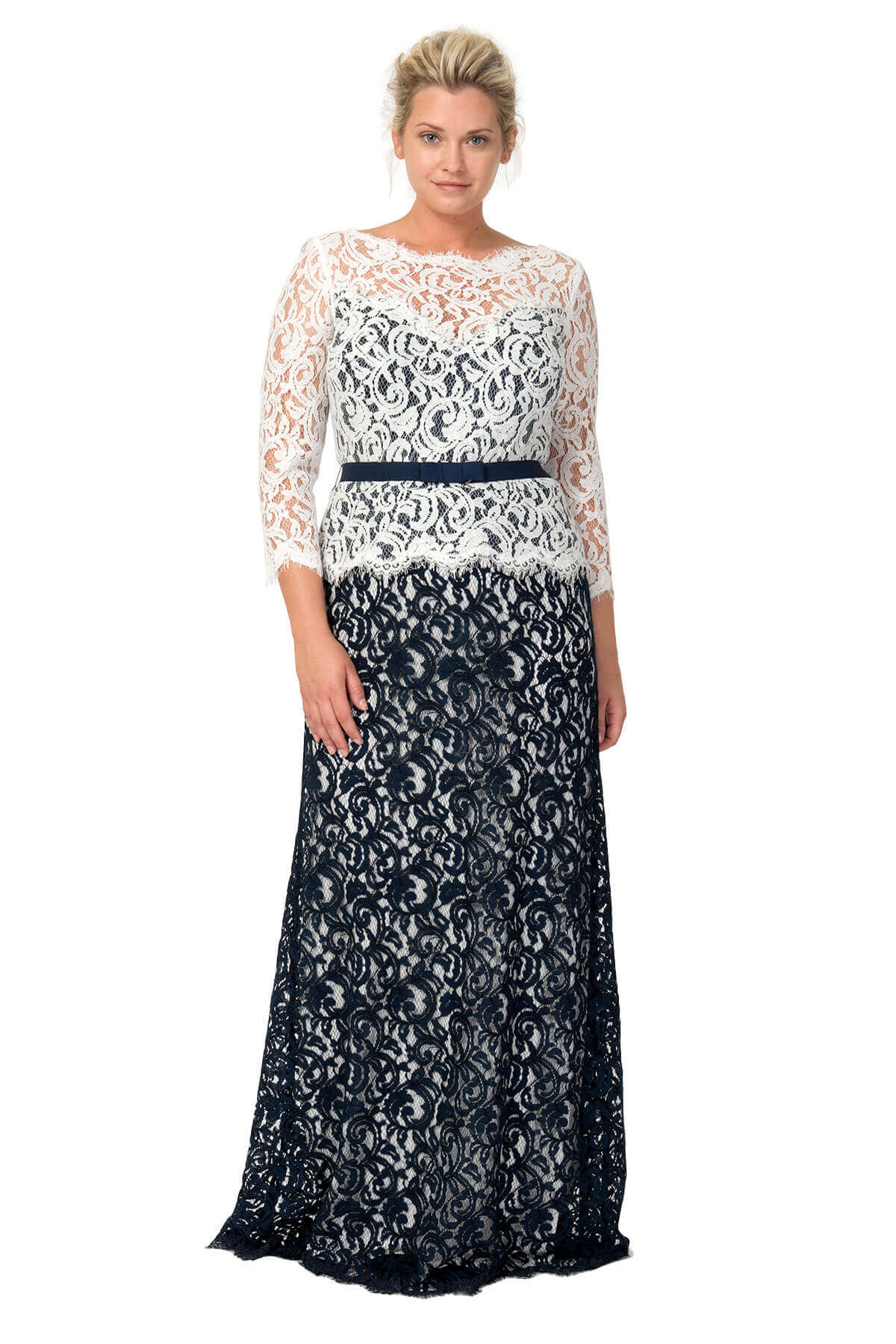 Amberly Belted Lace Sleeve Gown in Navy / Ivory Tadashi Shoji Official Online Boutique Amberly Belted Lace Sleeve Gown in Navy / Ivory Tadashi Shoji Official Online Boutique
