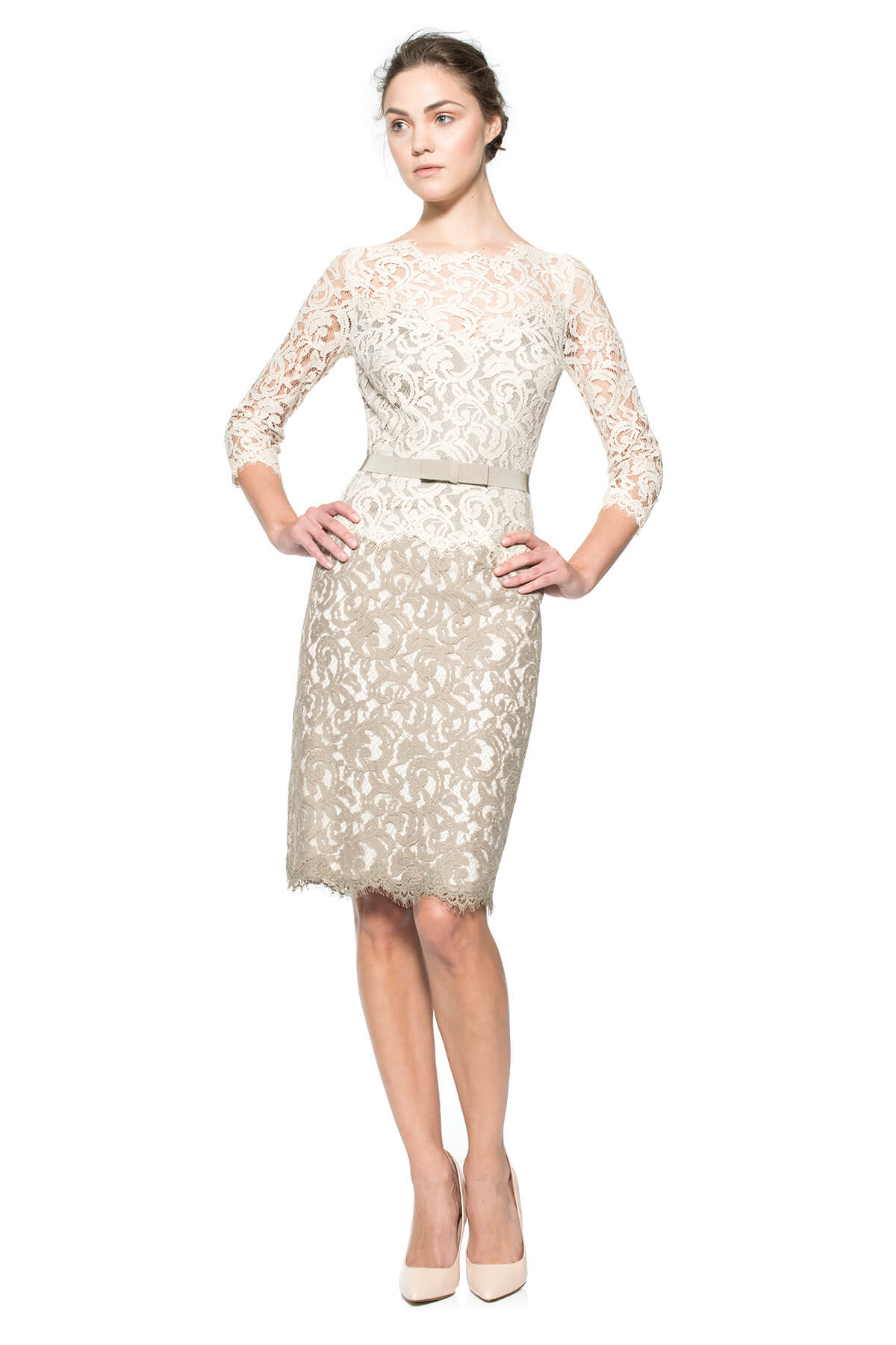 Lace ¾ Sleeve Dress with Grosgrain Ribbon Belt – Tadashi Shoji Lace ¾ Sleeve Dress with Grosgrain Ribbon Belt – Tadashi Shoji