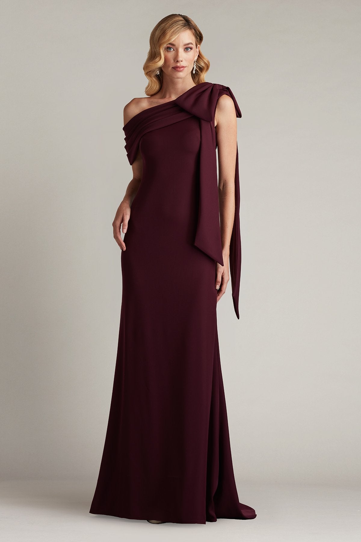 black purple bridesmaid dresses Cassia Bow-Shoulder Crepe Gown BK/BY – Tadashi Shoji Official Online  Boutique