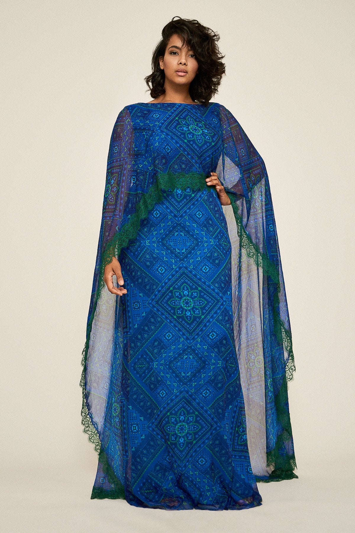 Riordan Chiffon Cape Gown