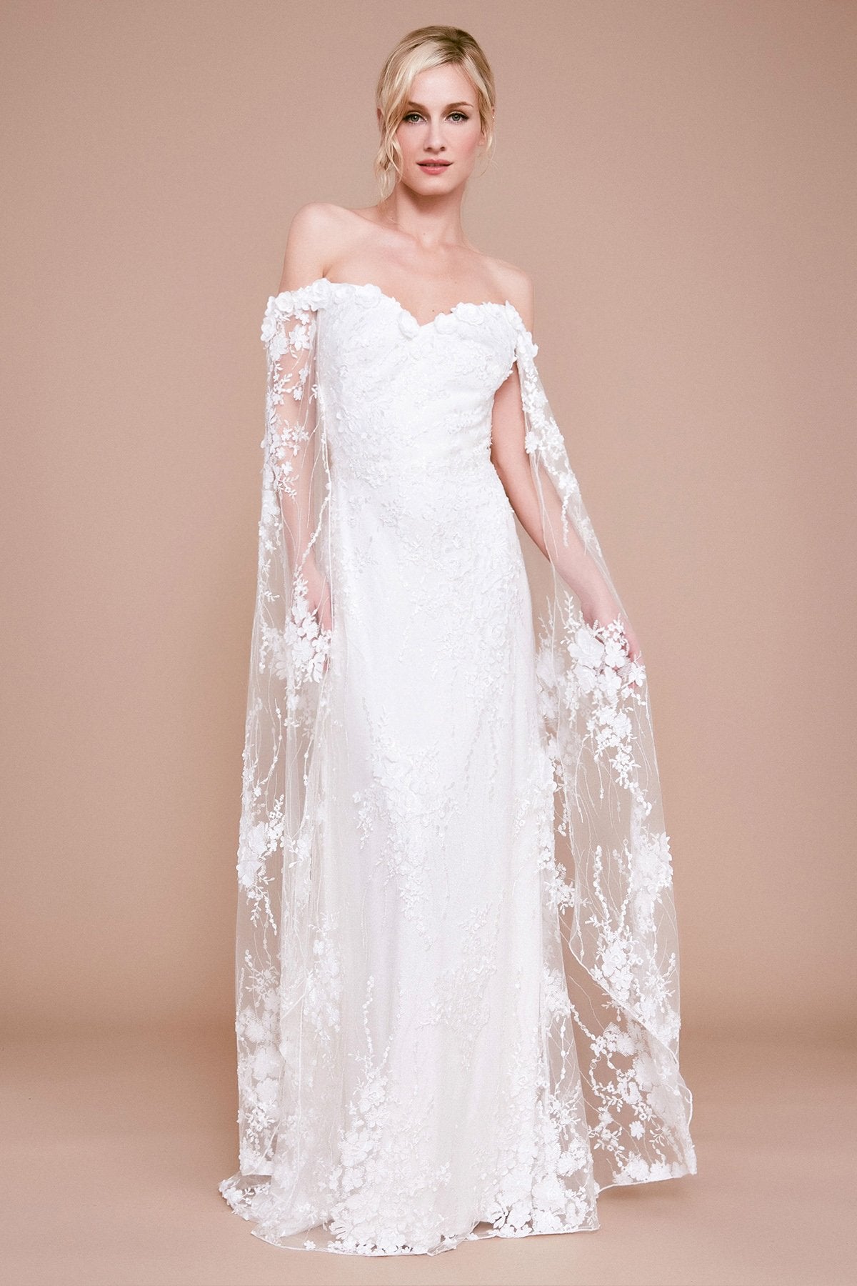 Haxton Floral Applique Cape Gown – Tadashi Shoji Official Online Boutique