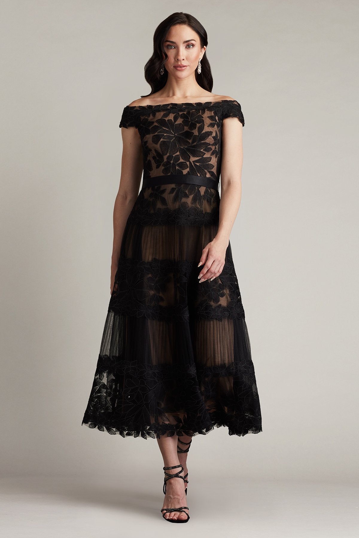 Adriane Floral Embroidered Tea-Length Dress BK – Tadashi Shoji
