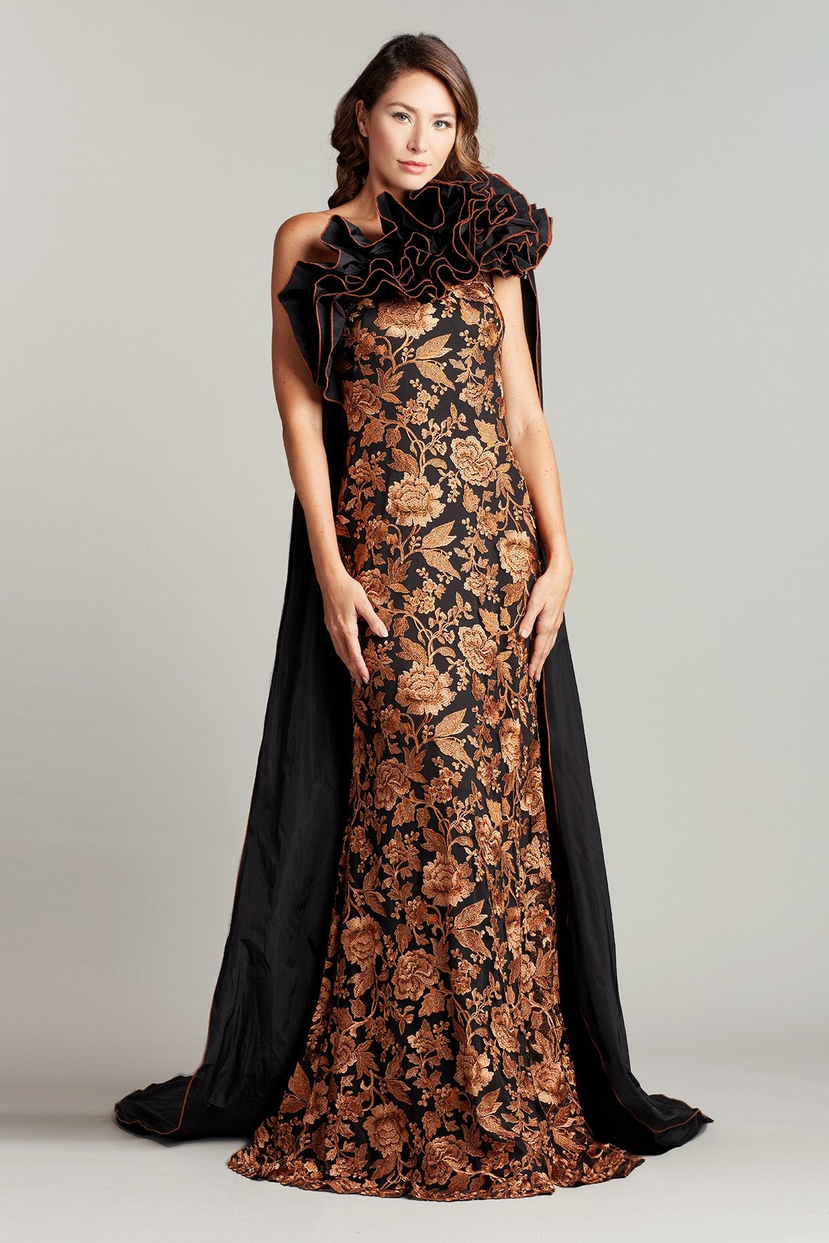 Osmen One-Shoulder Ruffle Cape Gown Tadashi Shoji Official Online Boutique Osmen One-Shoulder Ruffle Cape Gown Tadashi Shoji Official Online Boutique