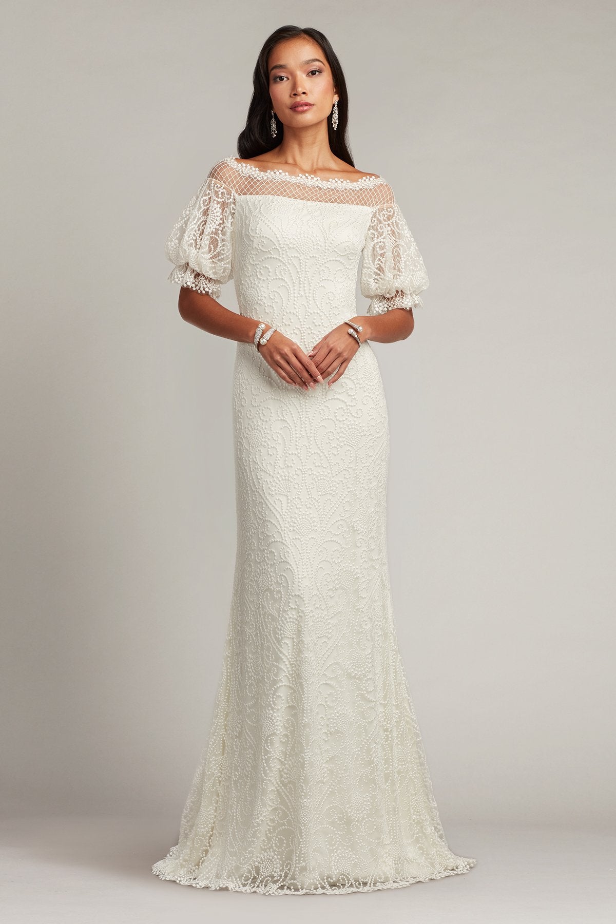 tadashi shoji off the shoulder wedding dress Whelan Embroidered Puff-Sleeve Gown