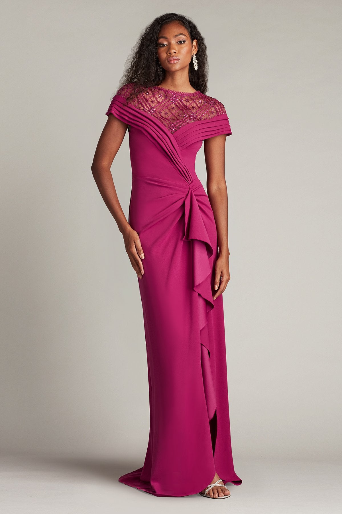 earth tone bridesmaid dresses Yura Waterfall Flounce Gown – Tadashi Shoji Official Online Boutique