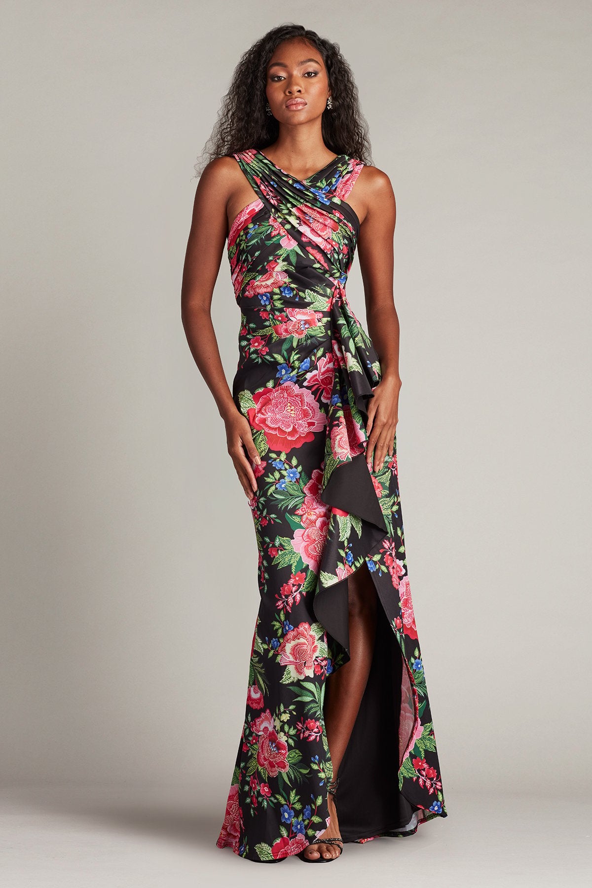 knee length dresses for ladies Elarra Floral Waterfall Flounce Gown – Tadashi Shoji Official Online  Boutique