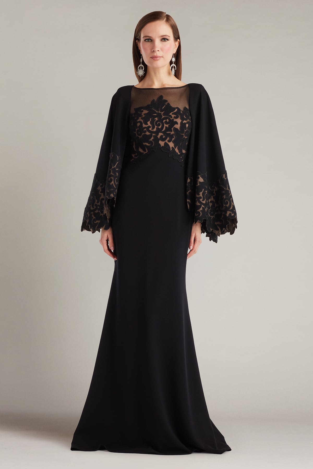 Delgado Laser-Cut Capelet Gown – Tadashi Shoji Official Online Boutique