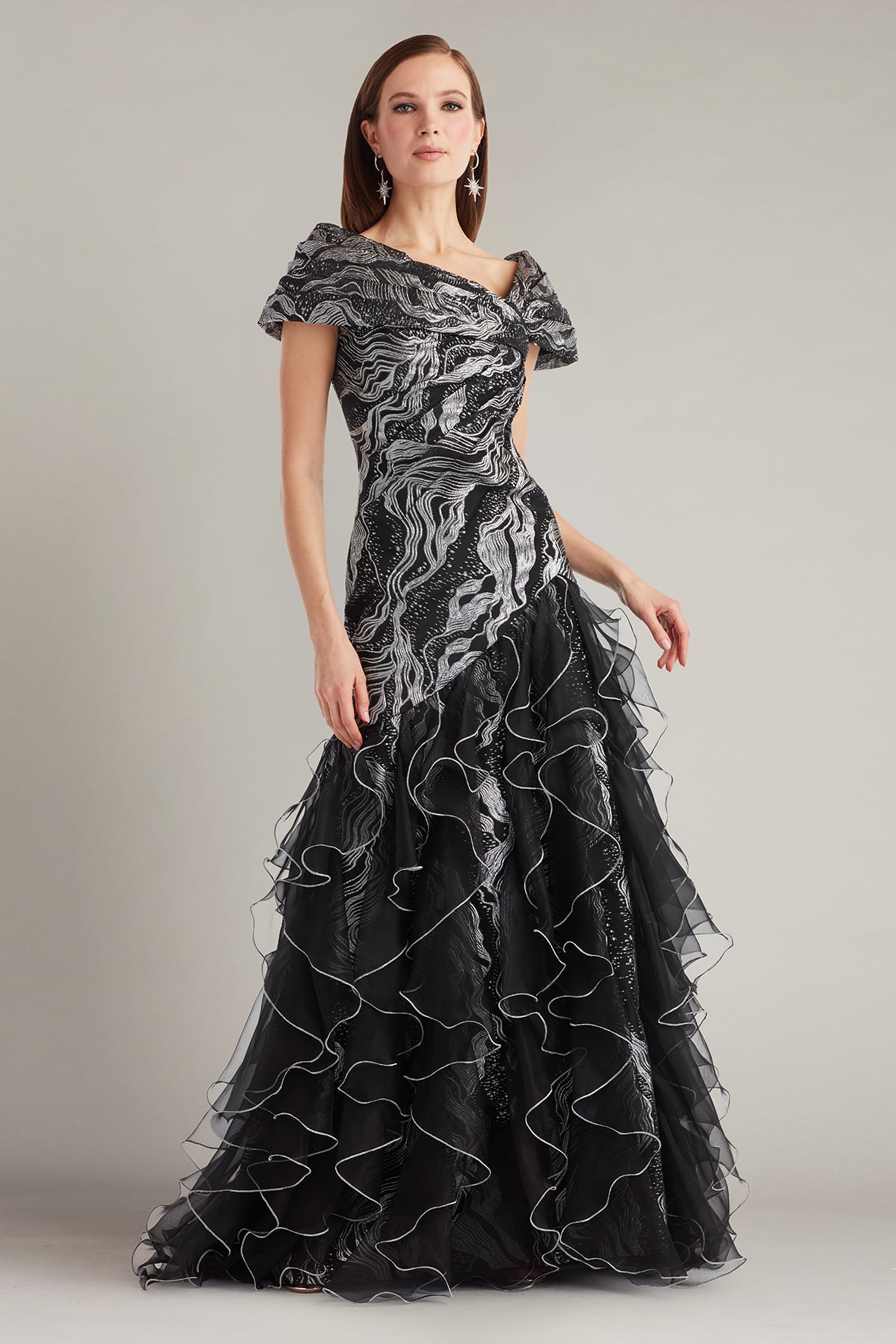 Cosmina Stardust Motif Ruffle Gown – Tadashi Shoji Official Online