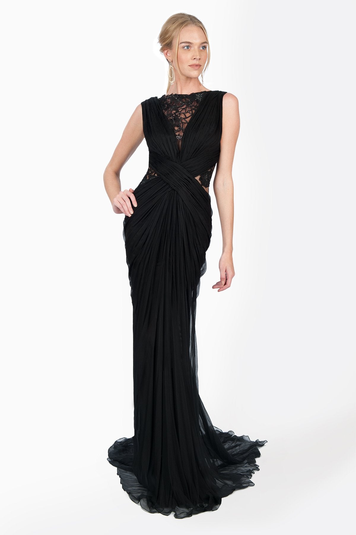 Crinkle Chiffon and Floral Embellished Applique Draped Gown in Black –  Tadashi Shoji Official Online Boutique