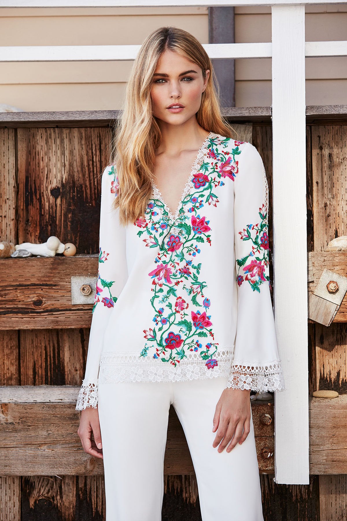 Koa Floral Embroidered Crepe Blouse