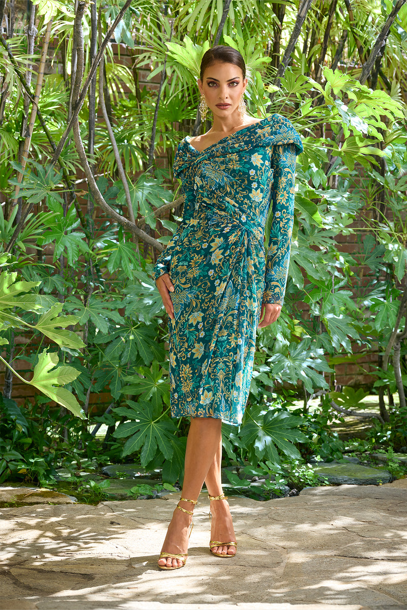 TEA LEAF MULTI LOTUS PRINT CHIFFON DRAPED LONG SLEEVE DRESS