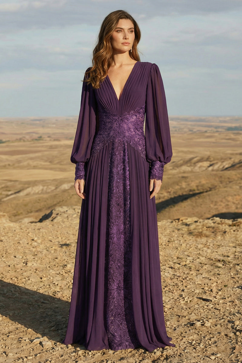 COLOR EMBROIDERED LACE AND GEORGETTE V-NECK A-LINE GOWN WITH LONG BISHOP SLEEVES