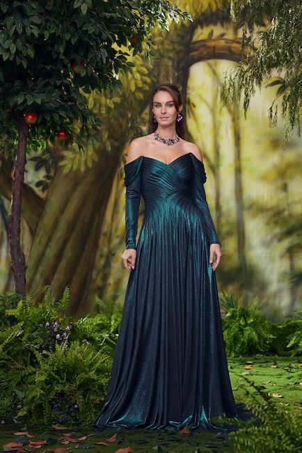 MOSS DRAPED METALLIC JERSEY OFF-THE-SHOULDER GOWN