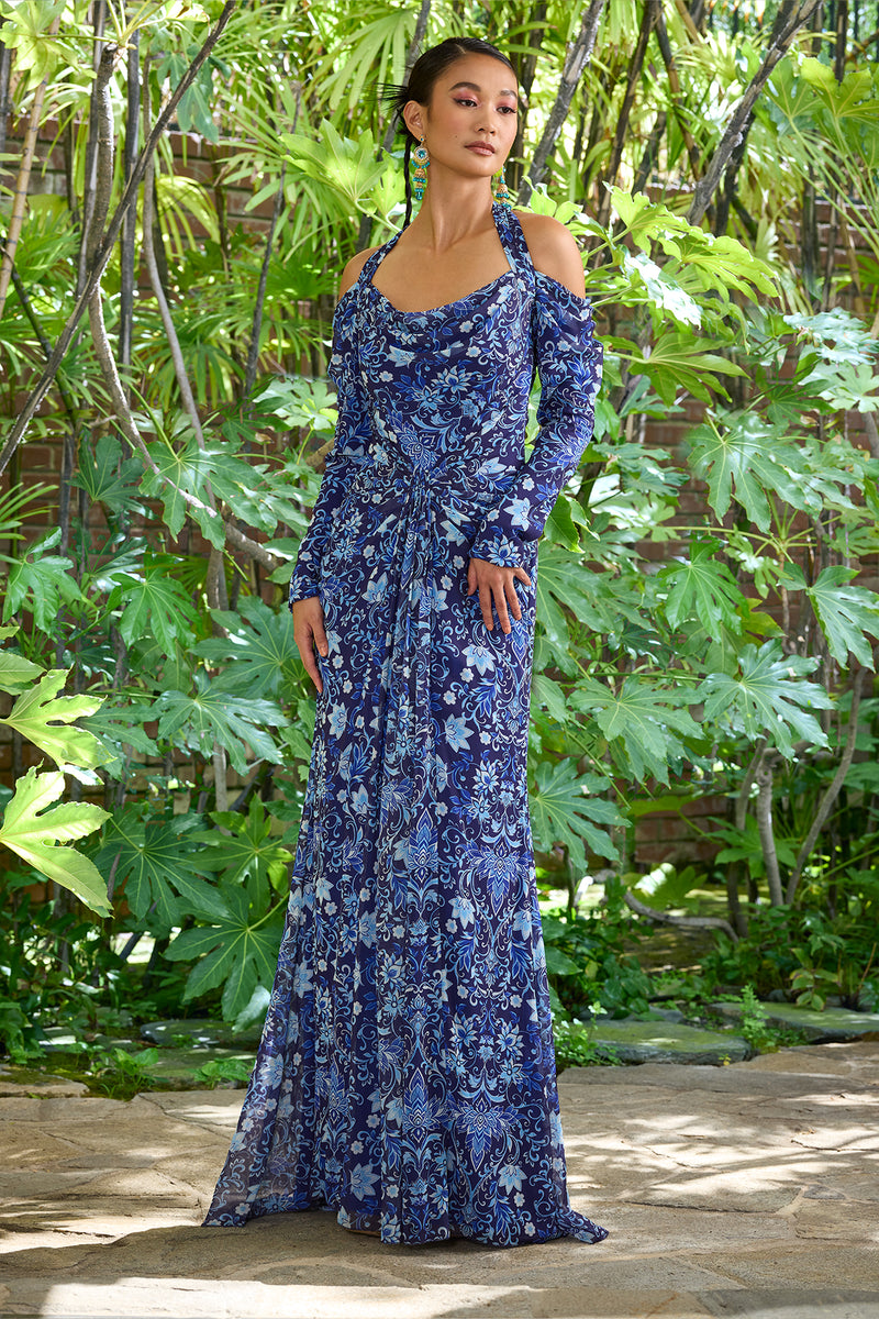 BLUE IRIS LOTUS PRINT CHIFFON COLD SHOULDER DRAPED LONG DRESS WITH OPEN BACK DETAIL