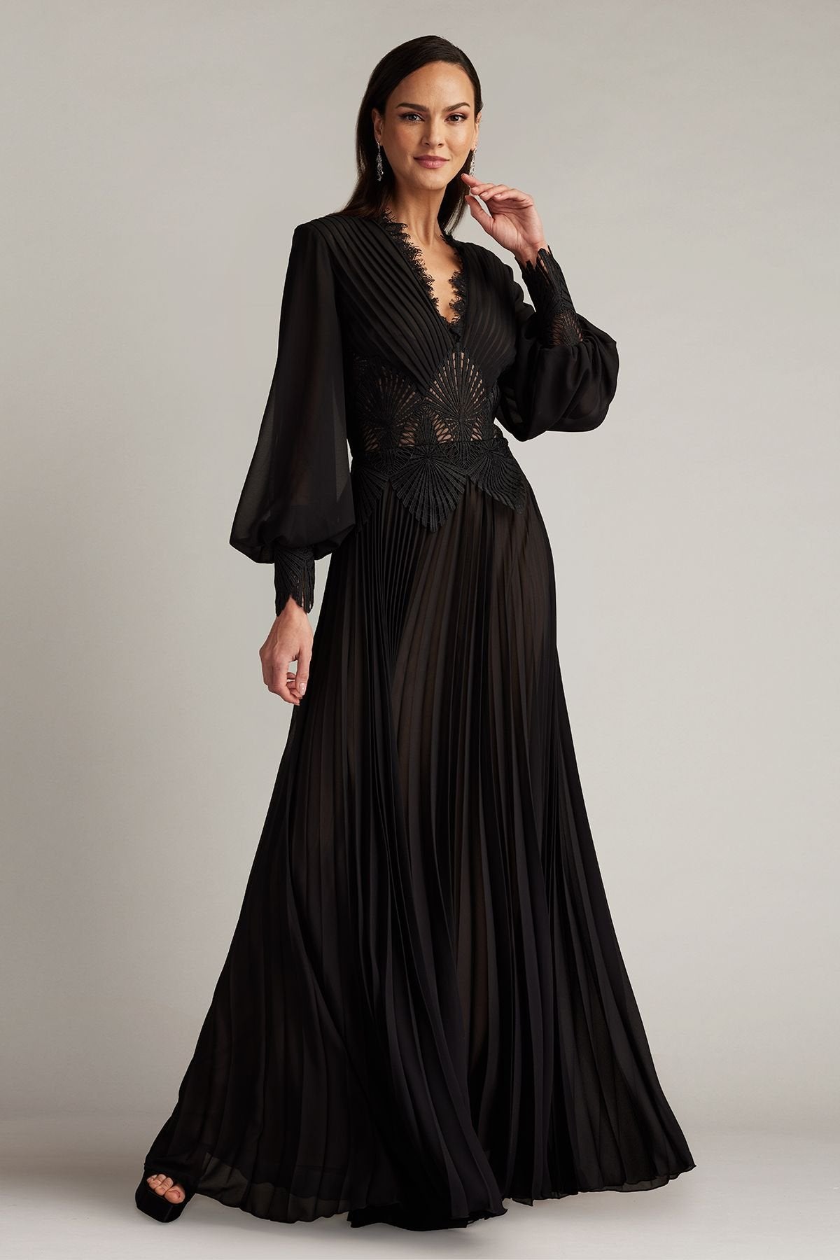 Yates Pleated Chiffon & Lace Gown