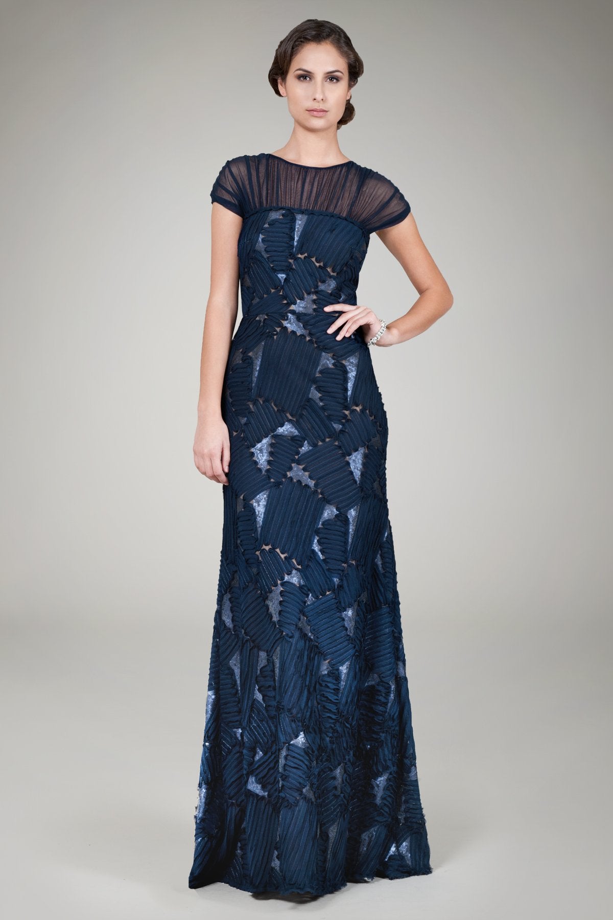 Embroidered Mini Paillette Gown in Navy