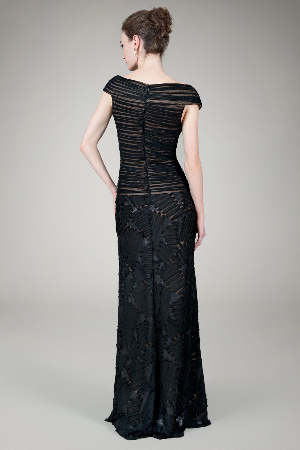 Embroidered Mini Paillette Gown in Black / Nude