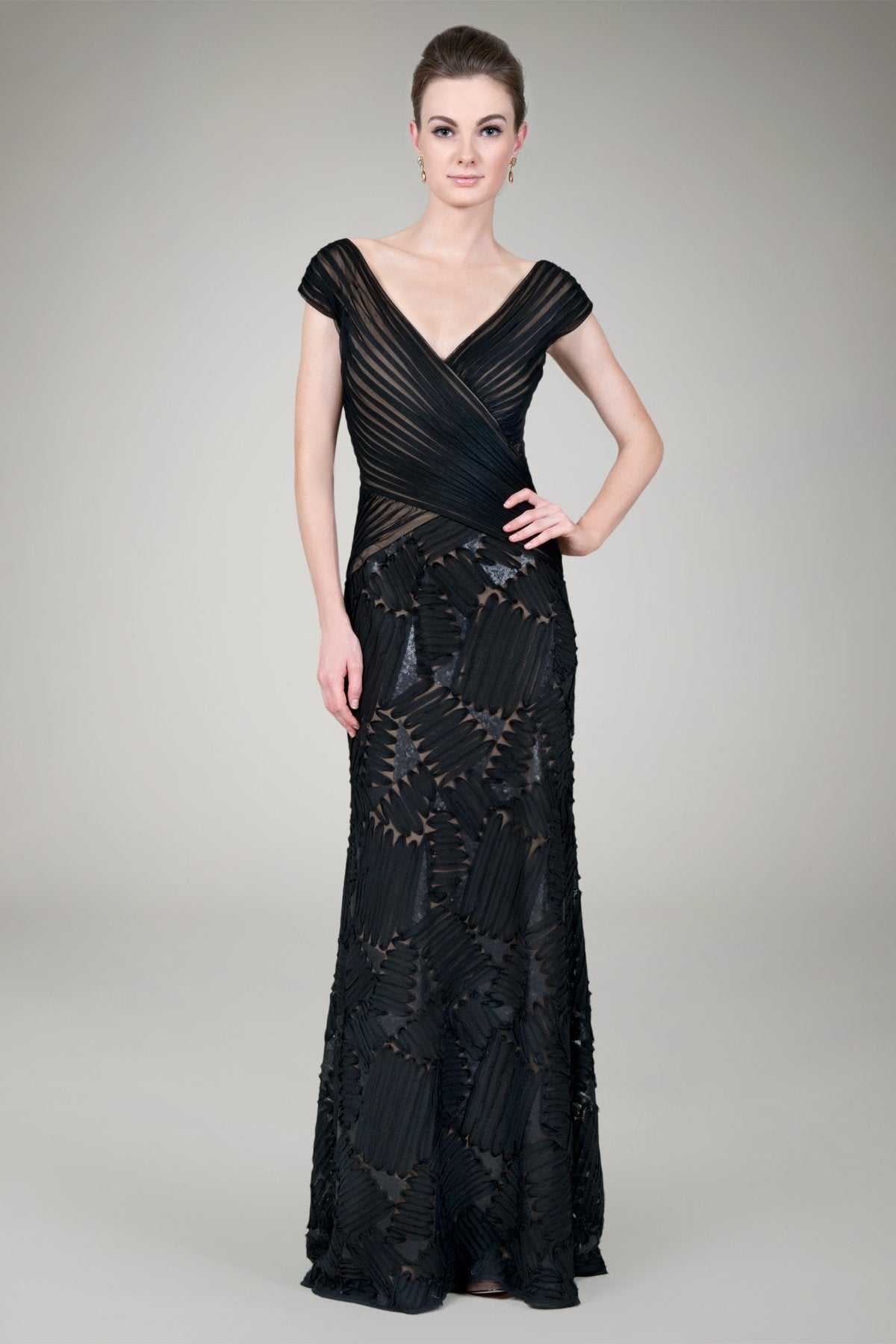 Embroidered Mini Paillette Gown in Black / Nude
