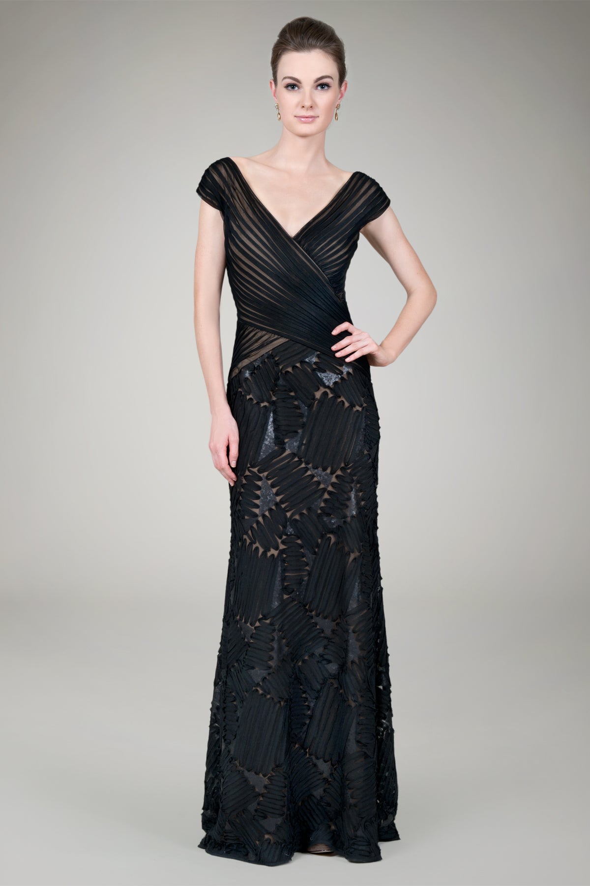 Embroidered Mini Paillette Gown in Black / Nude