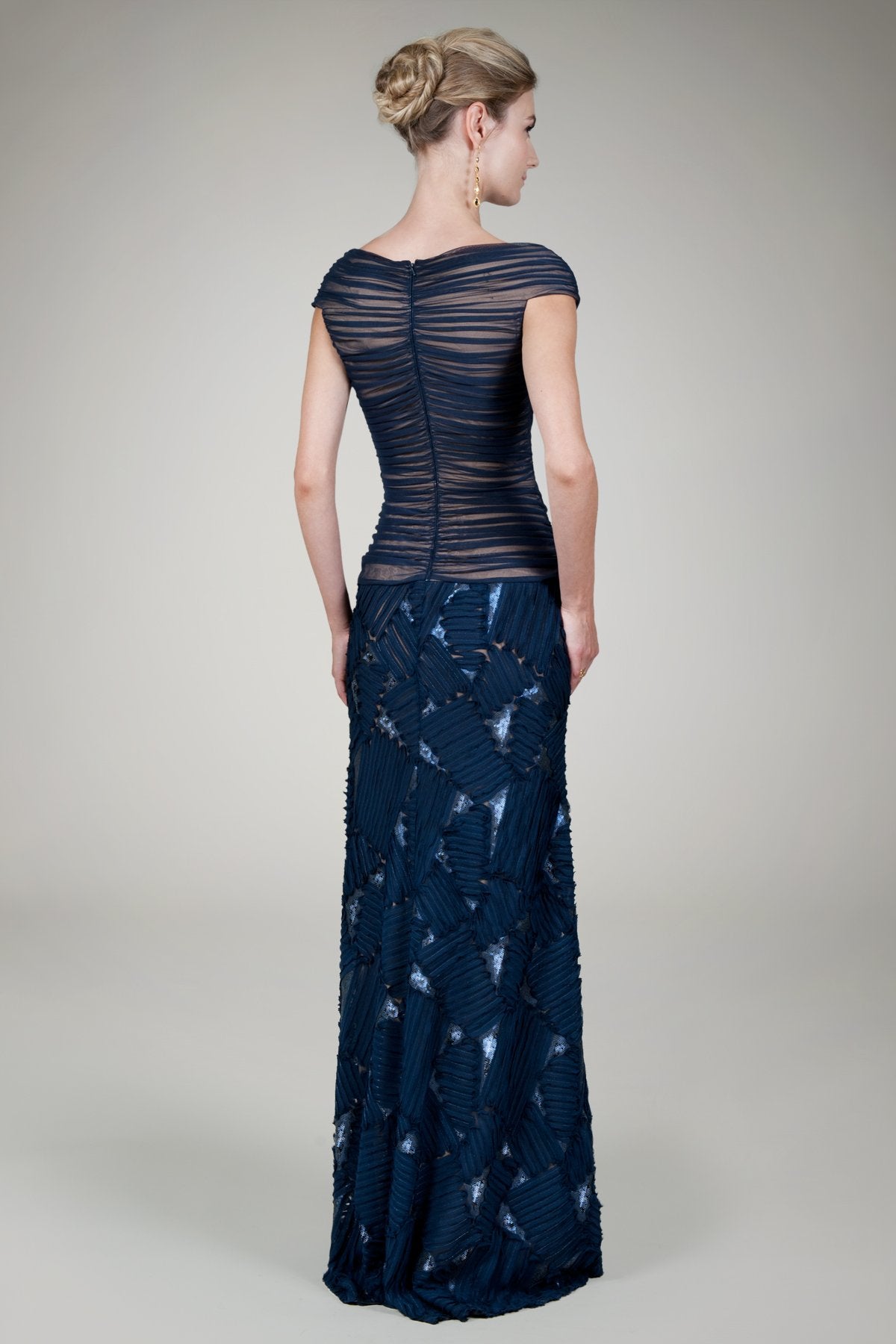 Embroidered Mini Paillette Gown in Navy / Nude