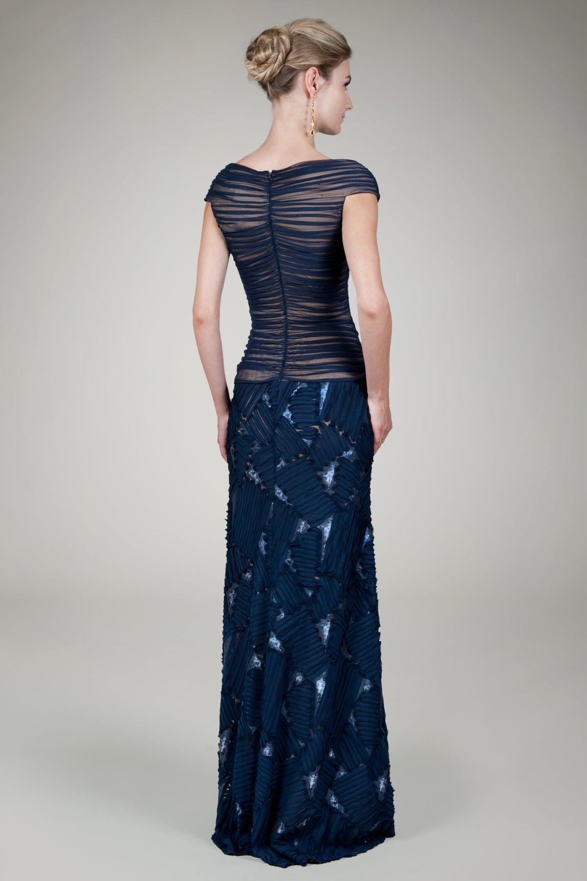 Embroidered Mini Paillette Gown in Navy / Nude
