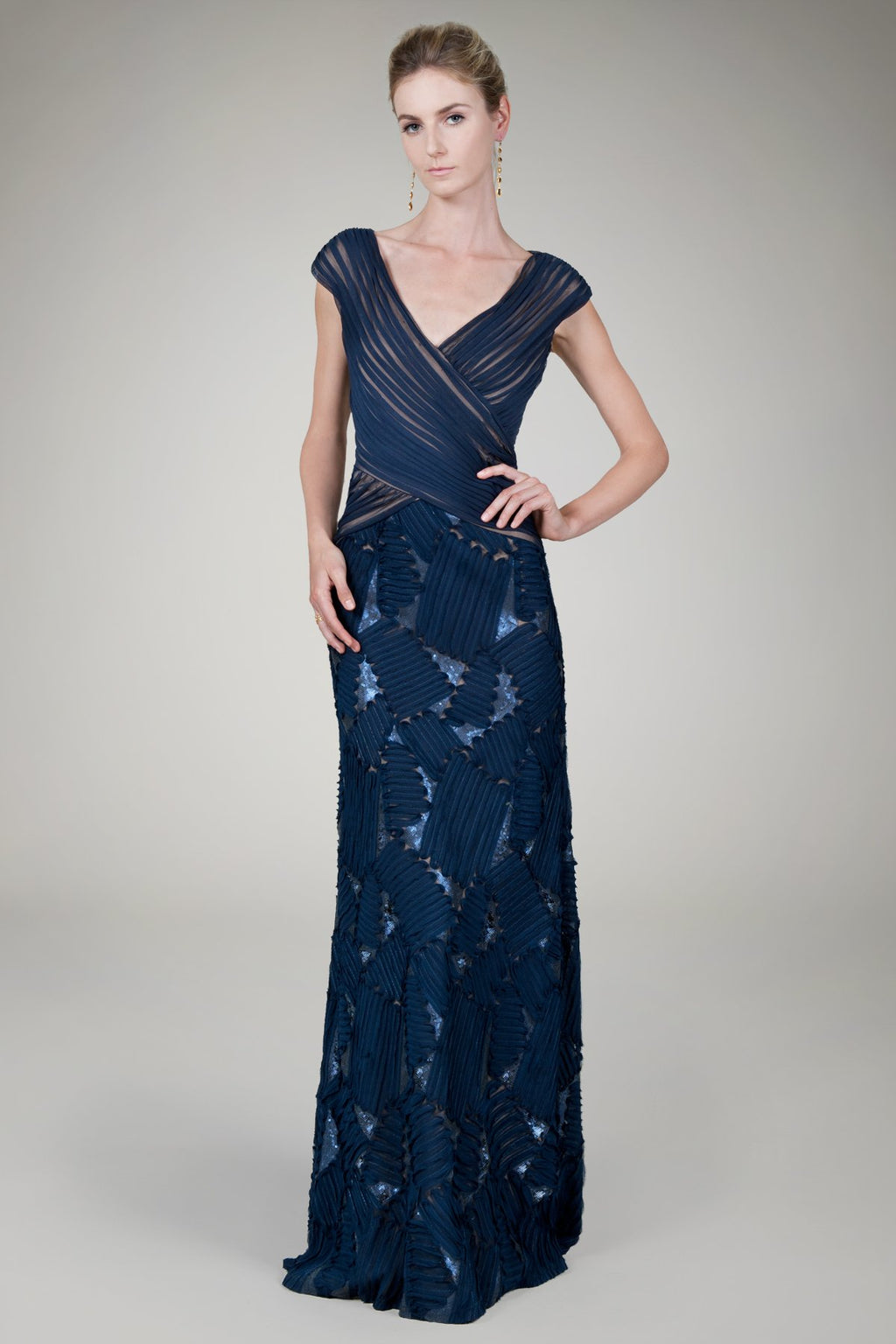 Embroidered Mini Paillette Gown in Navy / Nude