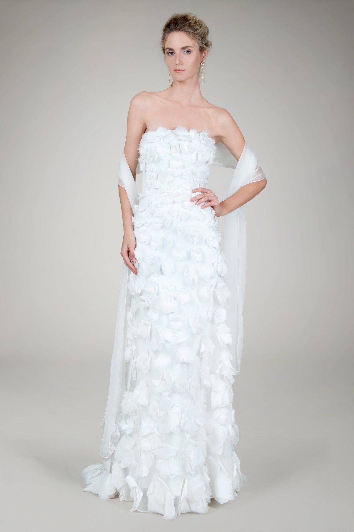 Hand Cut Floral Strapless Gown in Ivory