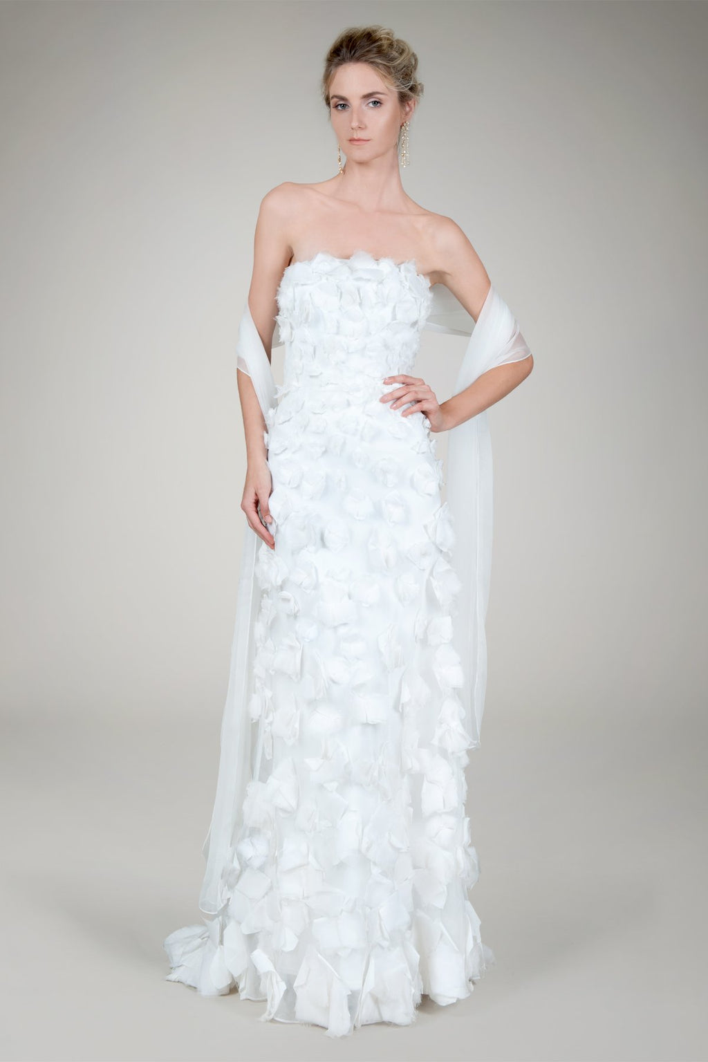 Hand Cut Floral Strapless Gown in Ivory