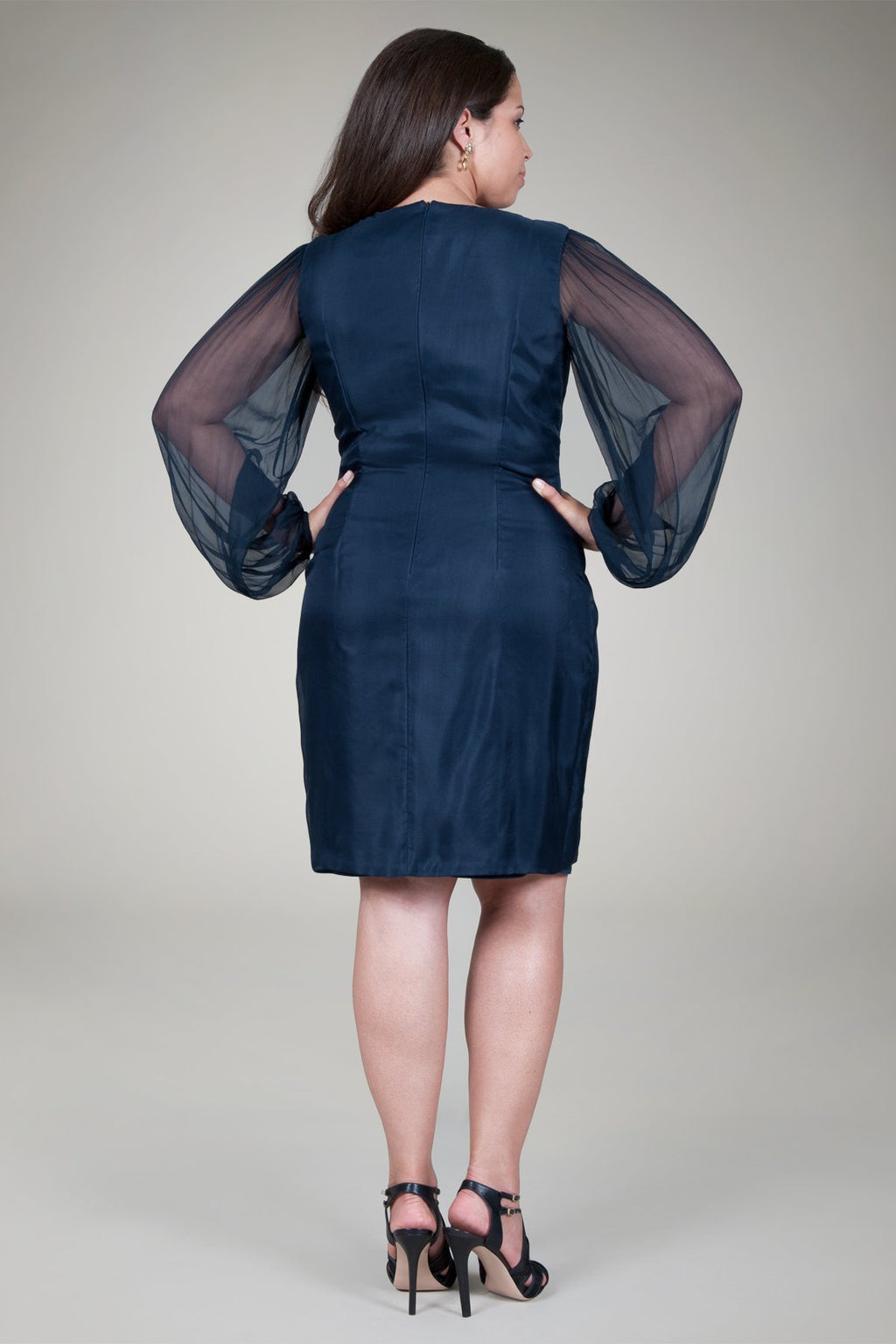 Beaded Ruffle Front Dress in Navy