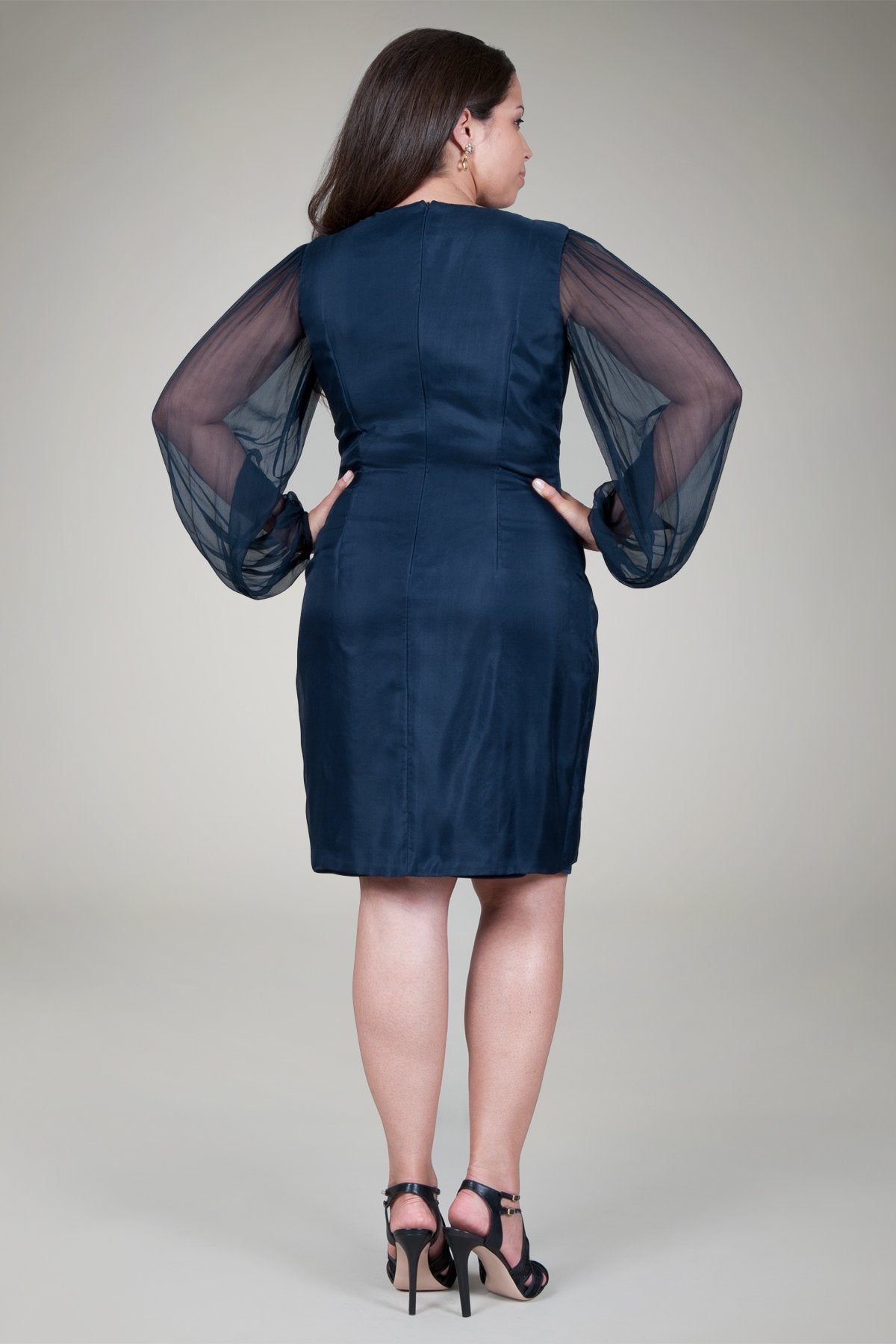 Beaded Ruffle Front Dress in Navy