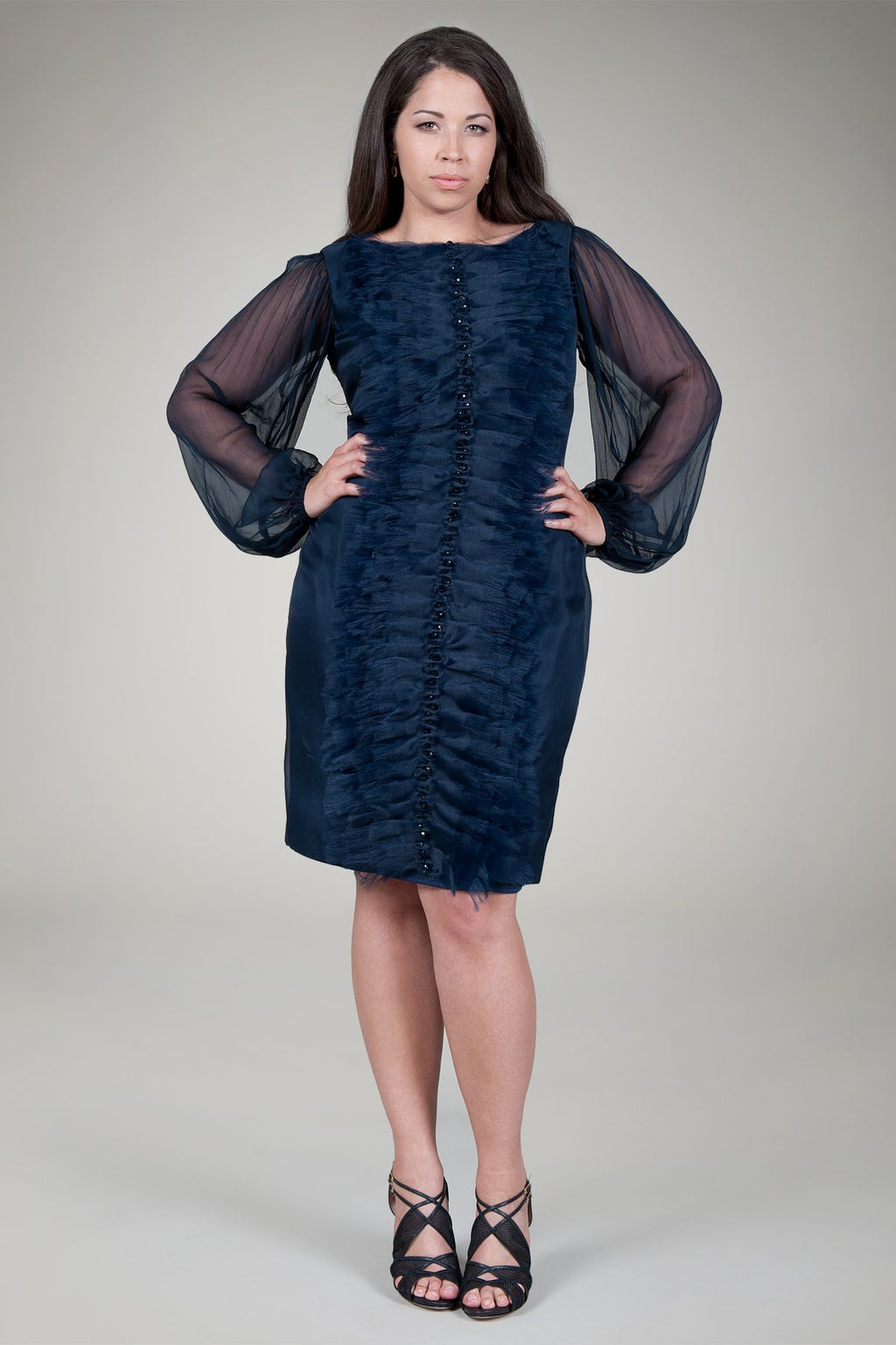 Beaded Ruffle Front Dress in Navy