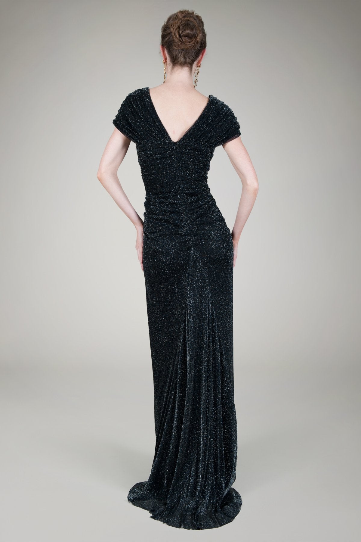 Draped Metallic Tulle Gown in Pewter