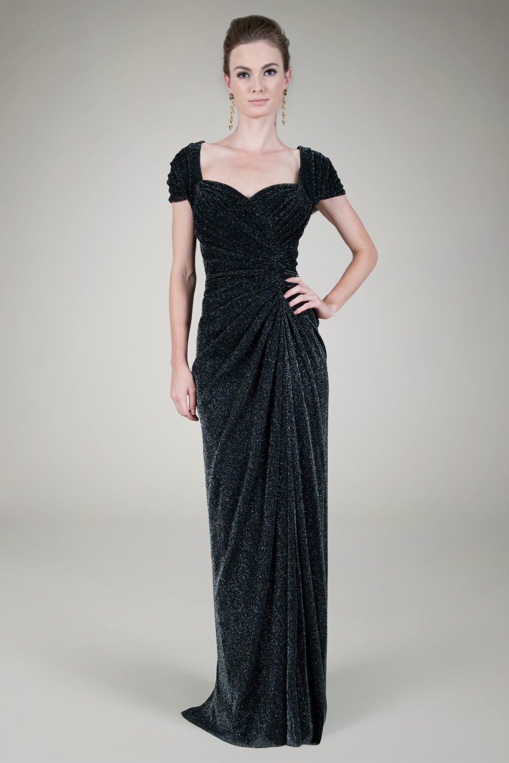 Draped Metallic Tulle Gown in Pewter