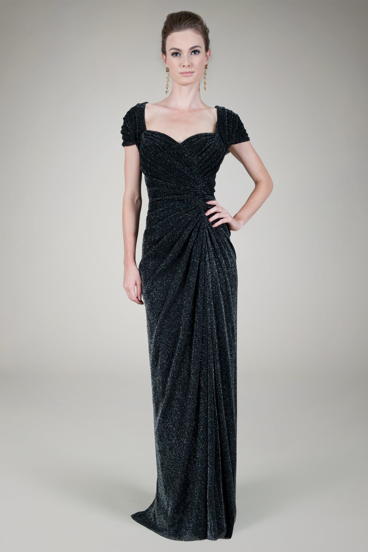Draped Metallic Tulle Gown in Pewter