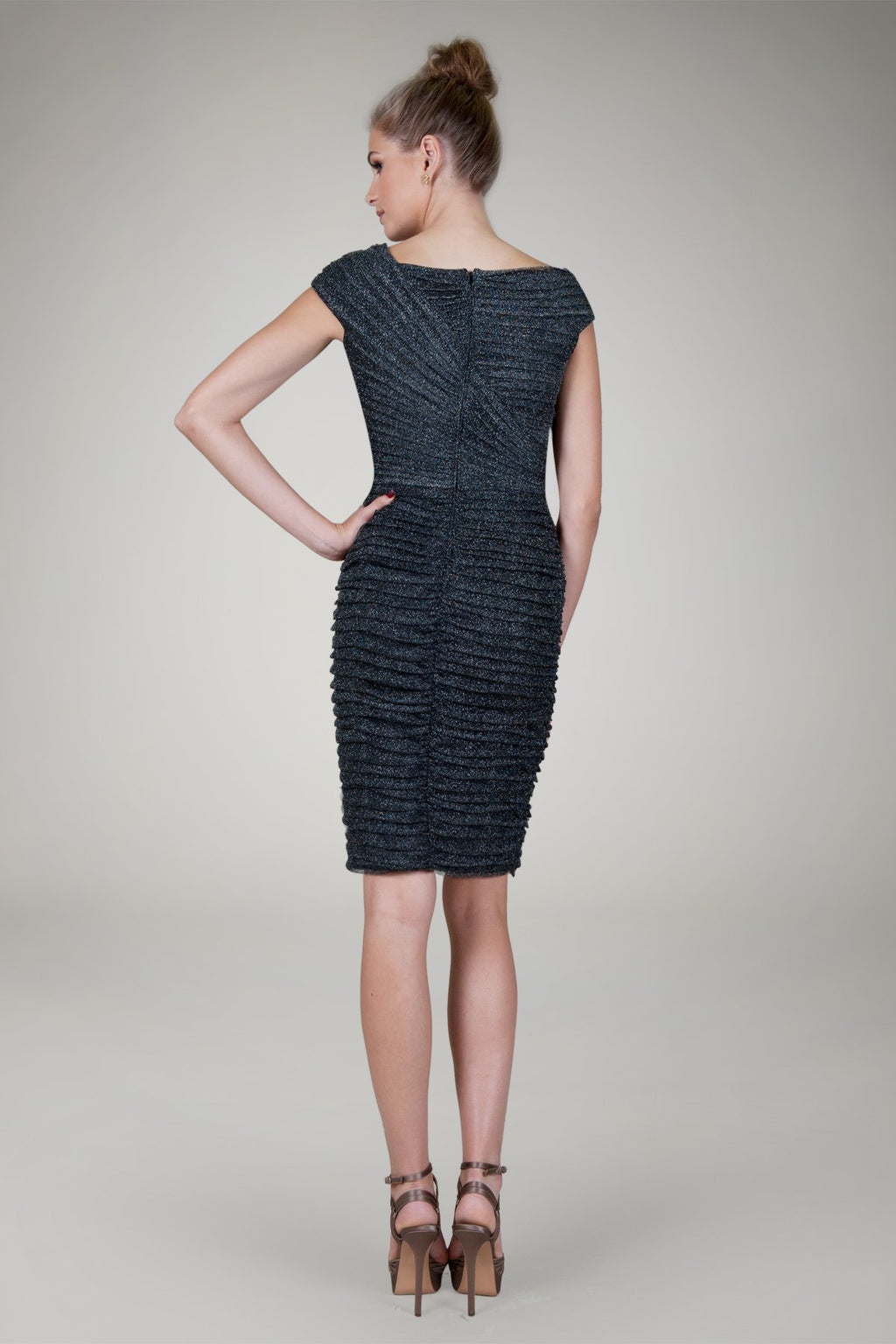 Pleated Metallic Tulle Cocktail Dress in Pewter