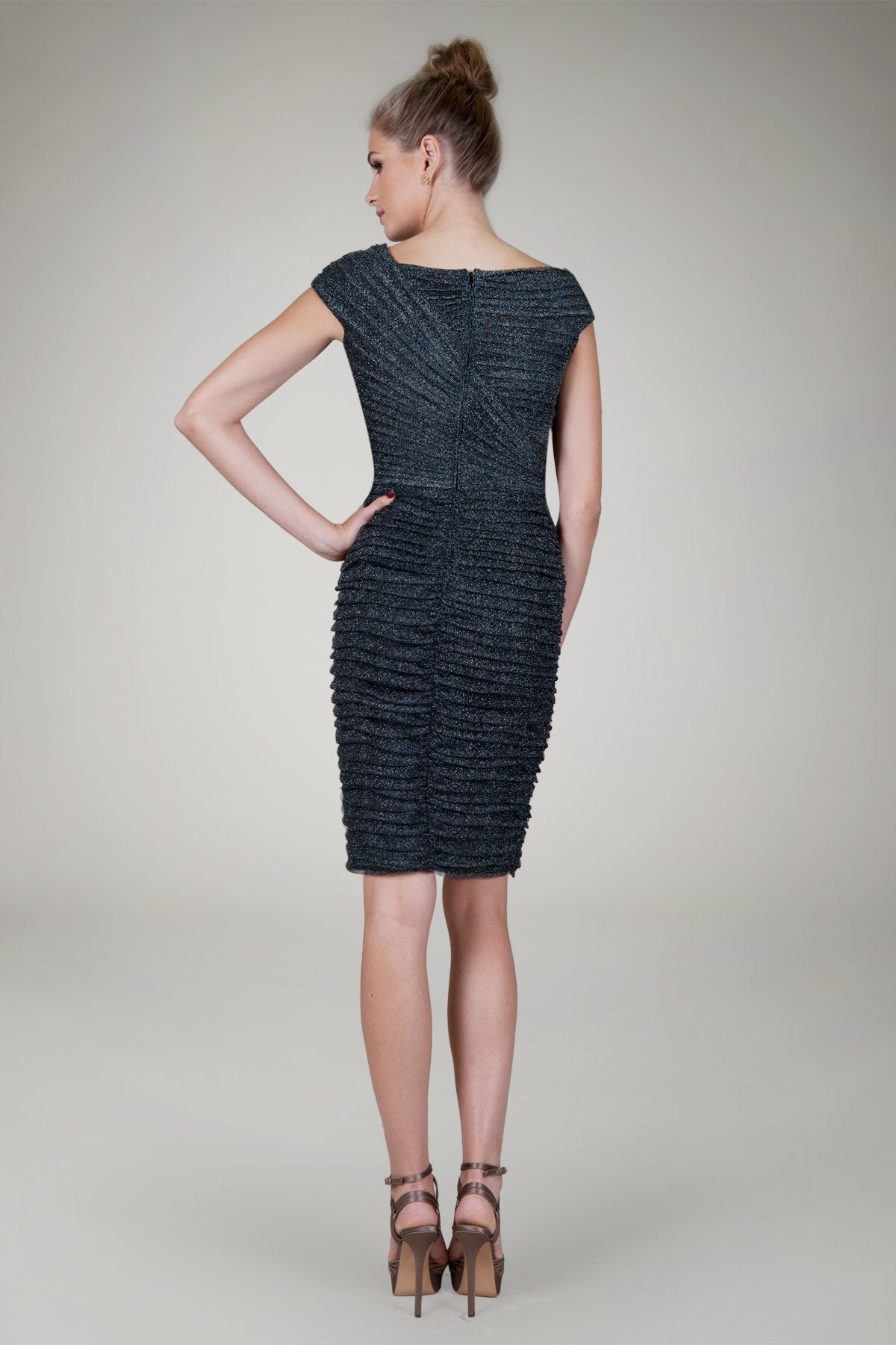 Pleated Metallic Tulle Cocktail Dress in Pewter