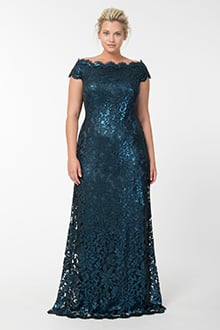 Paillette Embroidered Lace Off Shoulder Gown in Starry Night