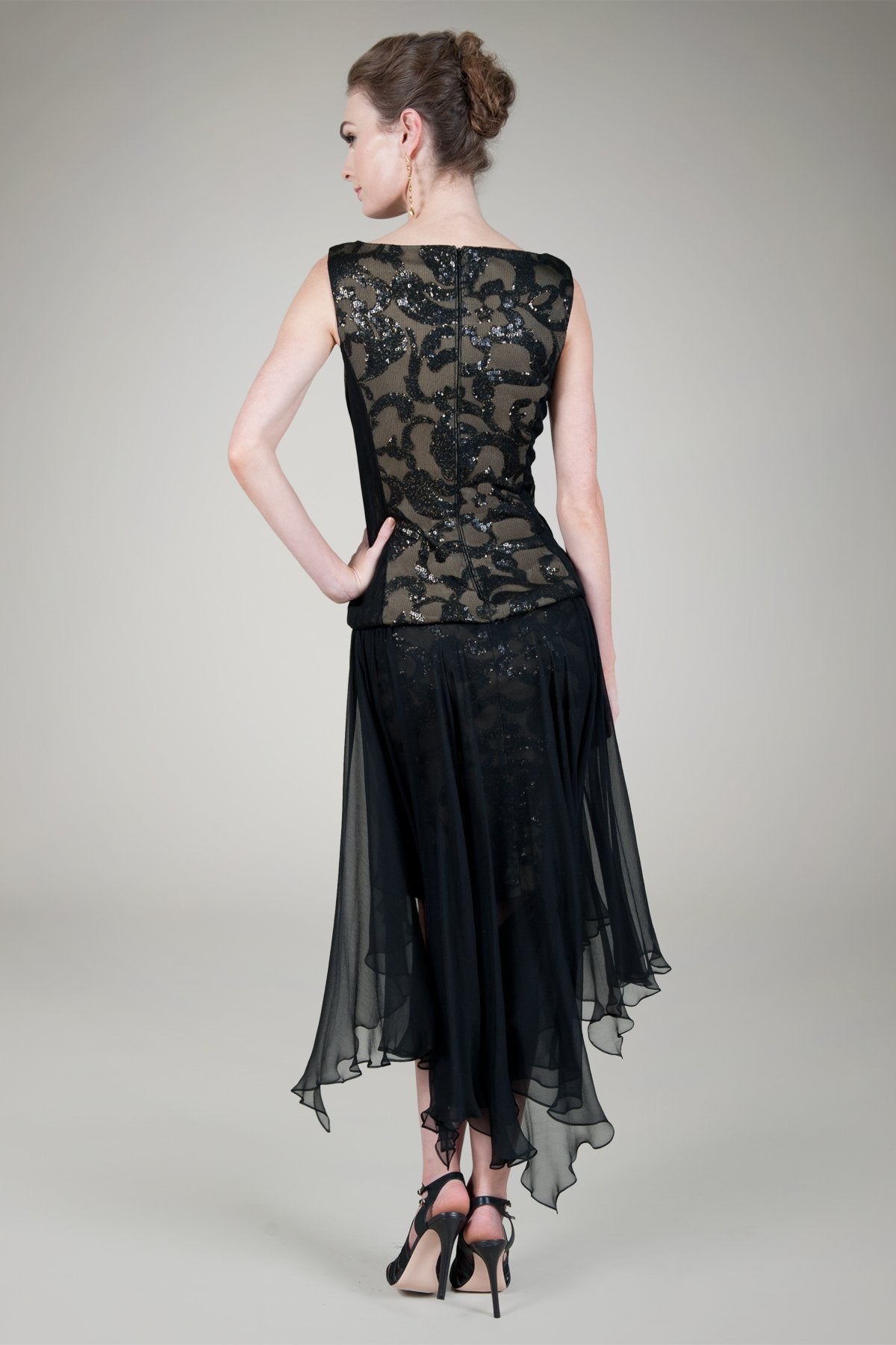 Paillette Embroidered Lace Blouson Dress in Black/Gold