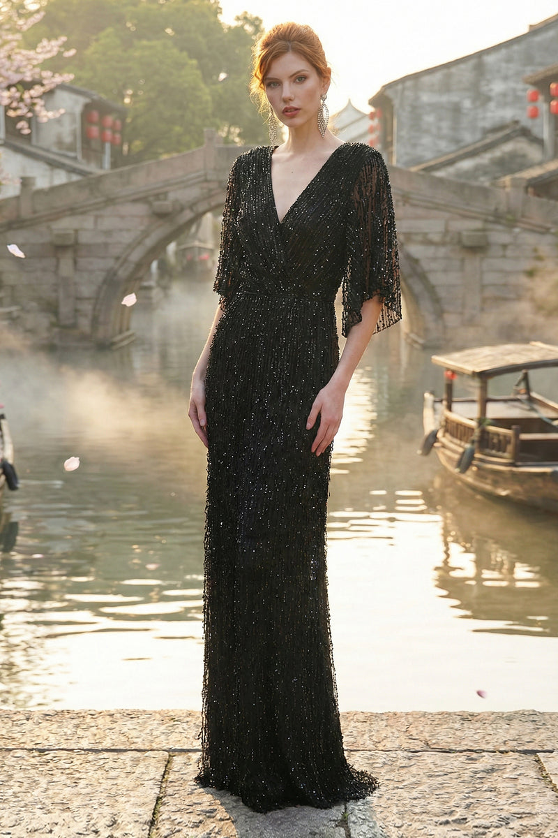 BLACK PEARL DROP EMBROIDERED TULLE V-NECK GOWN WITH SHORT FLUTTER SLEEVES