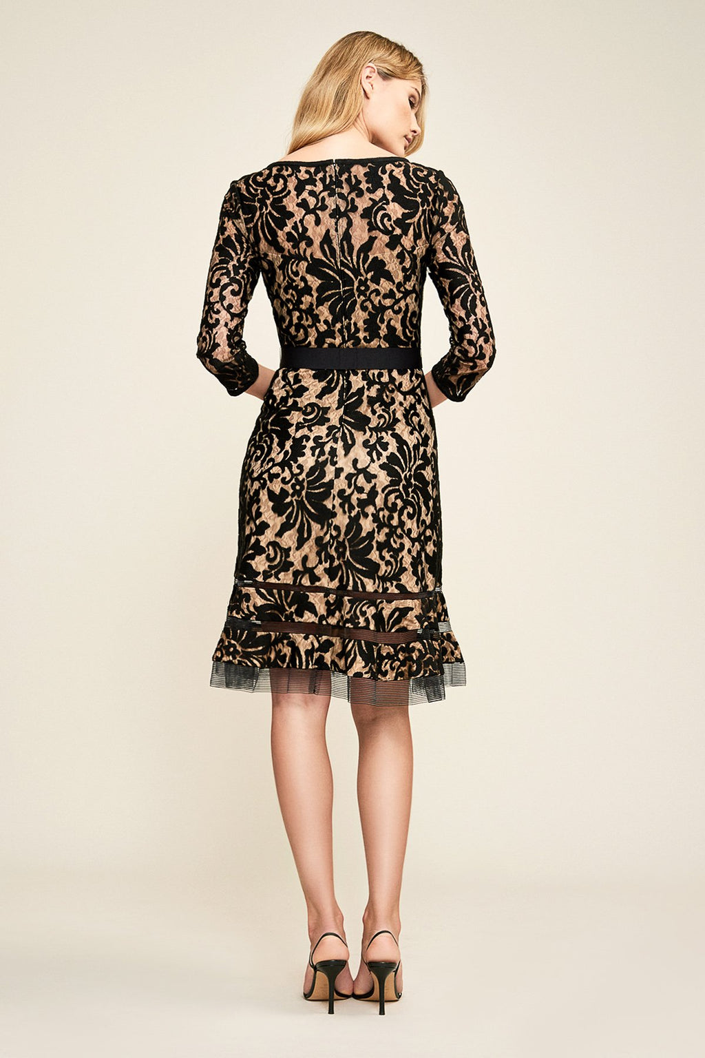 Embroidered Lace ¾ Sleeve Dress with Sheer Cut Out Detail in Black / Nude