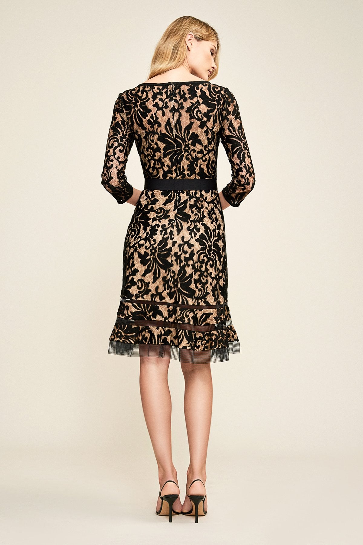 Embroidered Lace ¾ Sleeve Dress with Sheer Cut Out Detail in Black / Nude