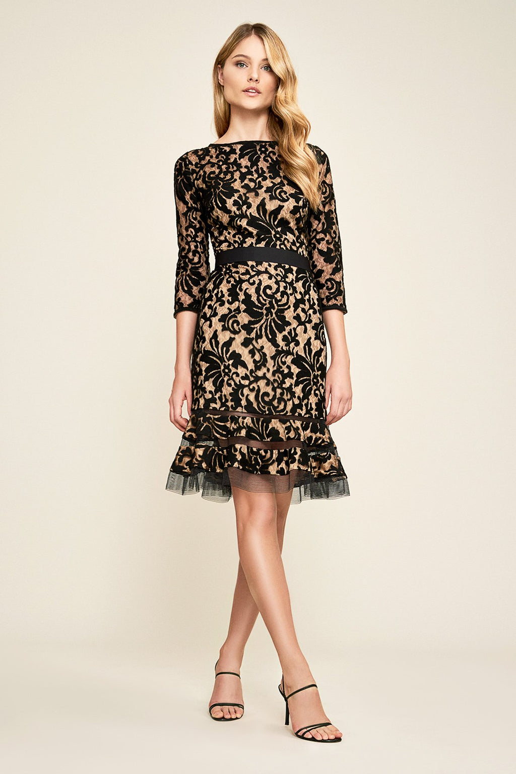 Embroidered Lace ¾ Sleeve Dress with Sheer Cut Out Detail in Black / Nude
