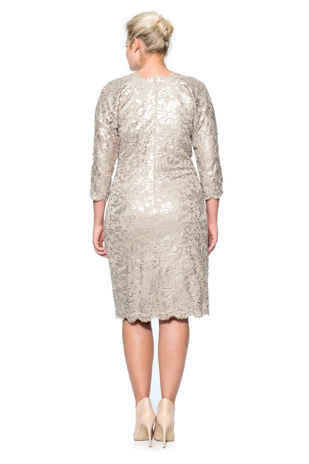 Paillette Embroidered Lace V-Neck ¾ Sleeve Dress in Sand
