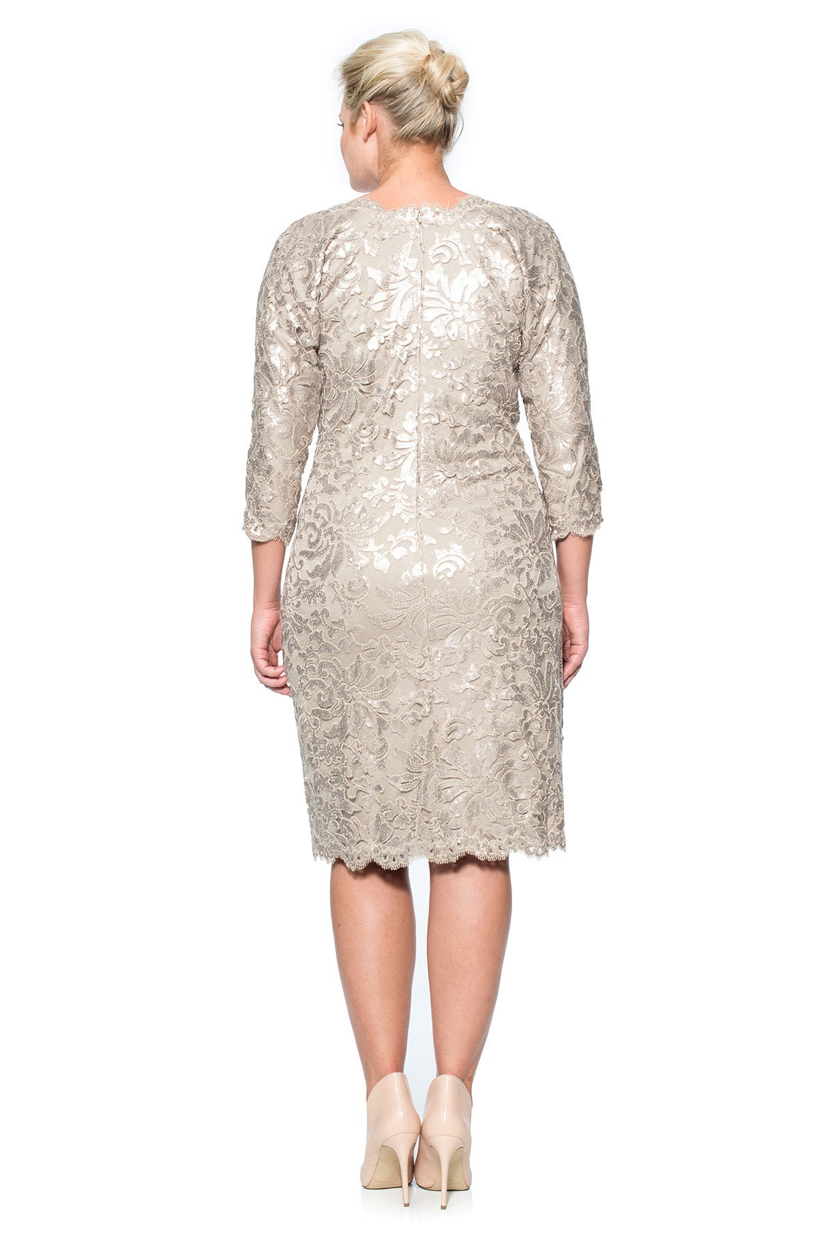 Paillette Embroidered Lace V-Neck ¾ Sleeve Dress in Sand