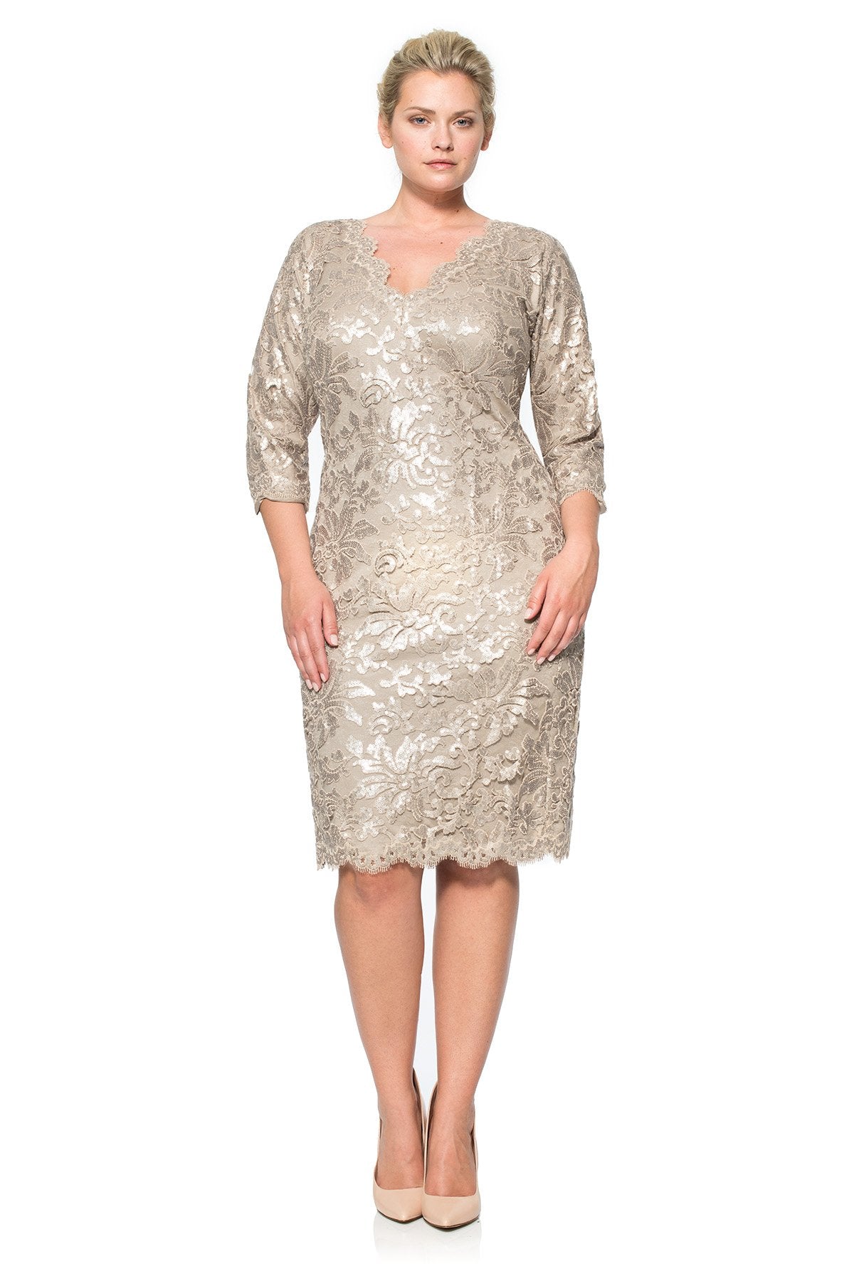 Paillette Embroidered Lace V-Neck ¾ Sleeve Dress in Sand