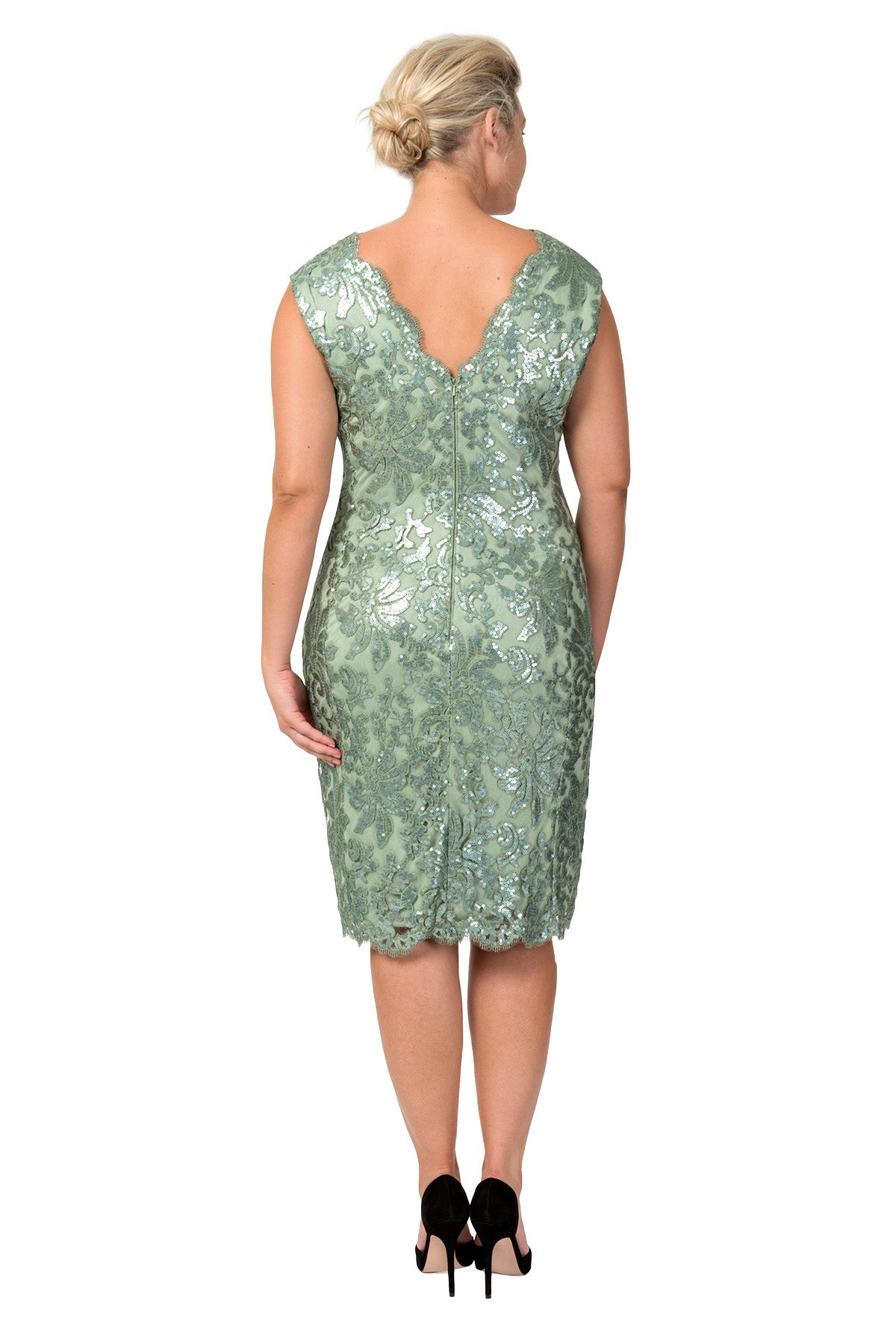 Paillette Embroidered Lace V-Neck Dress in Celadon