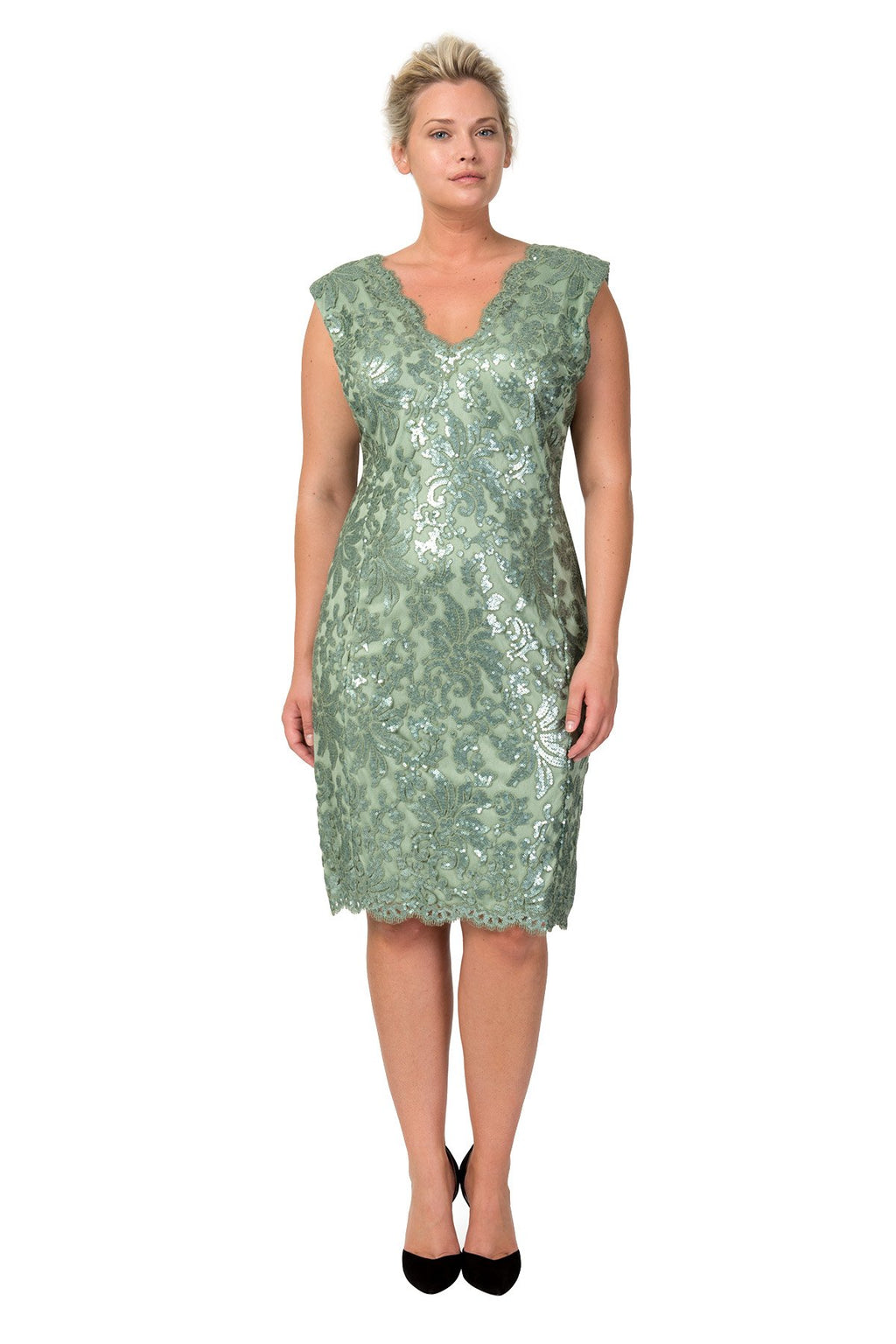 Paillette Embroidered Lace V-Neck Dress in Celadon