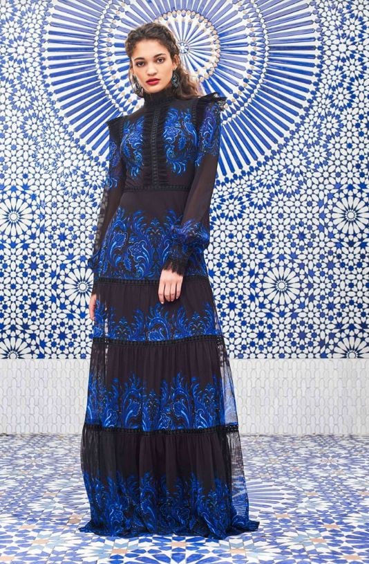 Zehra Paisley-Print Ruffle Gown